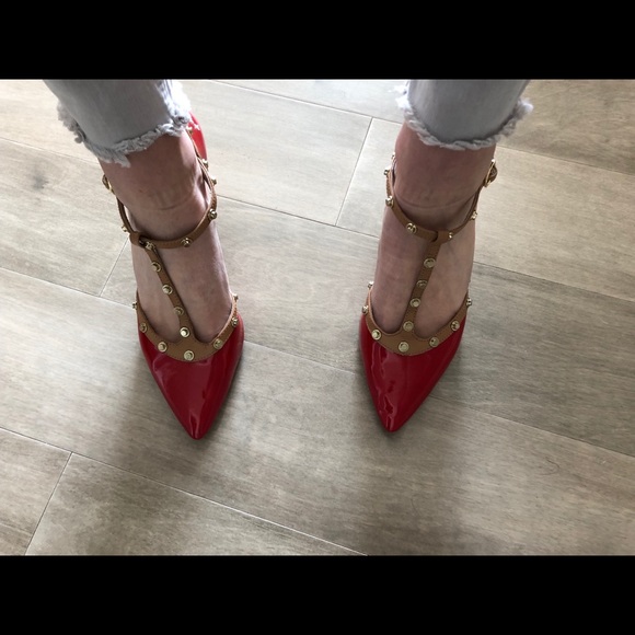 Red Leather T-Strap Heels w Studs (like Valentino) - Picture 3 of 8